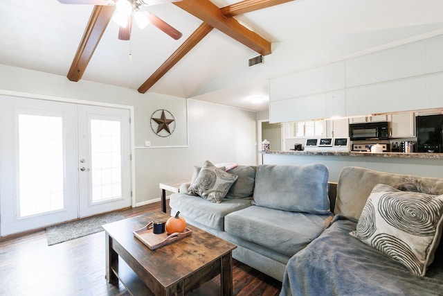 living room featuring ceiling fan, vaulted ceiling with beams, dark hardwood / wood-style flooring, and french doors