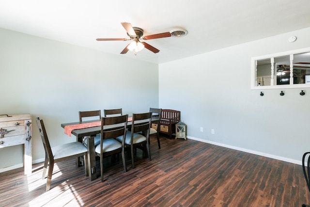 dining room featuring dark wood-type flooring and ceiling fan