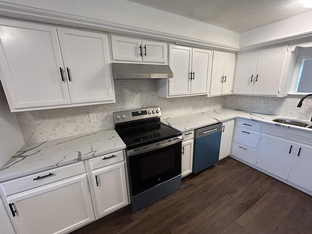 727 E 12th St, Littlefield, TX 79339 - kitchen featuring under cabinet range hood, electric range, dishwashing machine, a sink, and dark wood-style floors