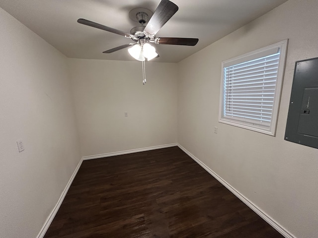 727 E 12th St, Littlefield, TX 79339 - empty room with electric panel, dark wood-type flooring, a ceiling fan, and baseboards
