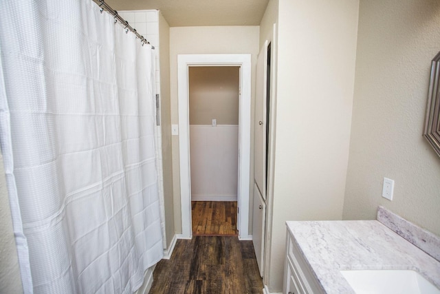 bathroom with wood-type flooring and vanity