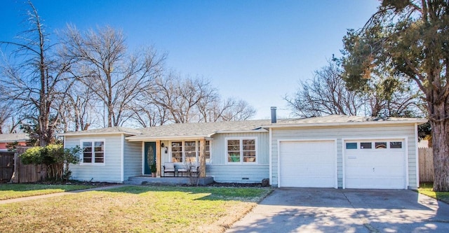 single story home with a garage, a porch, and a front yard