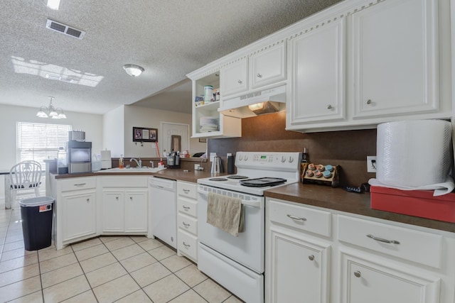 kitchen with light tile patterned flooring, sink, kitchen peninsula, white appliances, and white cabinets