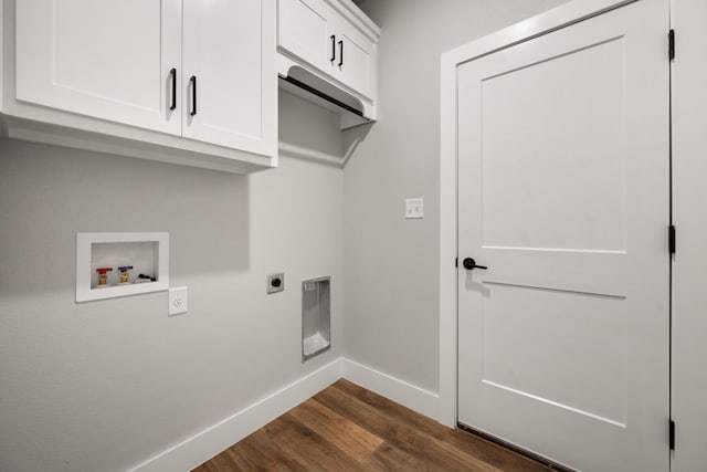 7814 96th St, Lubbock, TX 79424 - laundry room with baseboards, electric dryer hookup, cabinet space, dark wood-style flooring, and washer hookup