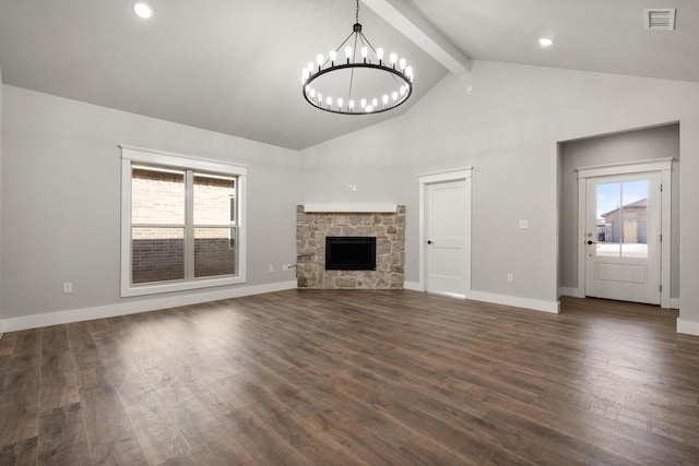 7814 96th St, Lubbock, TX 79424 - unfurnished living room with beamed ceiling, a chandelier, dark wood-type flooring, a fireplace, and baseboards