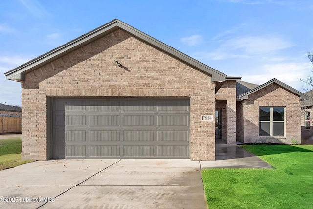 7814 96th St, Lubbock, TX 79424 - ranch-style house with driveway, a garage, brick siding, and a front lawn