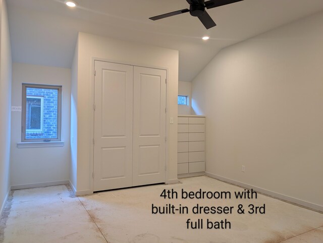 unfurnished bedroom with lofted ceiling, baseboards, a closet, and recessed lighting