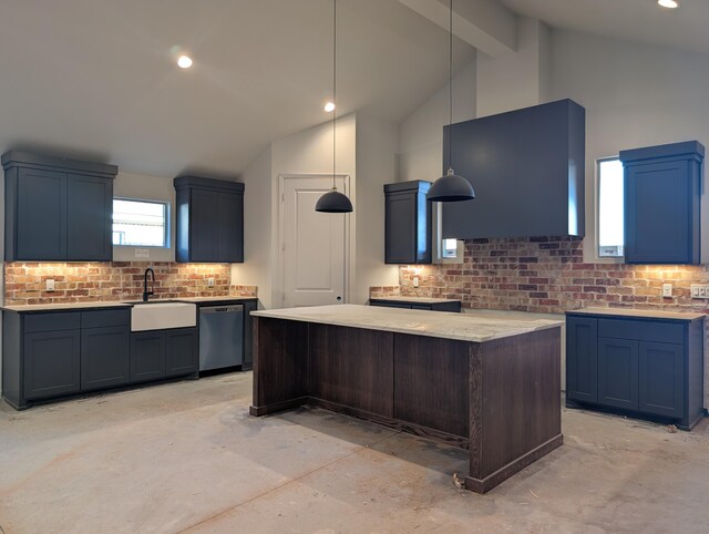 kitchen with a kitchen island, a sink, decorative backsplash, dishwasher, and beamed ceiling