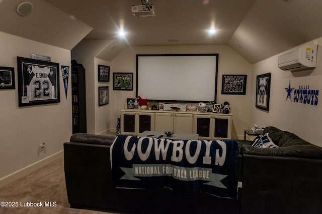 11707 Uxbridge Ave, Lubbock, TX 79424 - home theater featuring an AC wall unit, carpet flooring, baseboards, and lofted ceiling