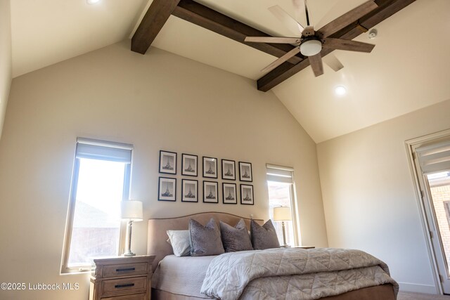 11707 Uxbridge Ave, Lubbock, TX 79424 - bedroom with beam ceiling, high vaulted ceiling, ceiling fan, and baseboards