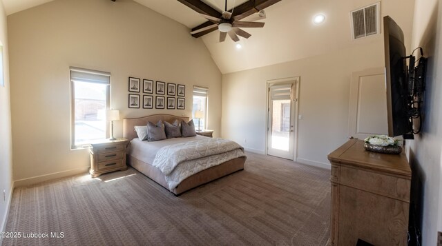 11707 Uxbridge Ave, Lubbock, TX 79424 - bedroom with baseboards, beam ceiling, high vaulted ceiling, carpet flooring, and recessed lighting