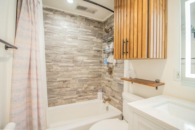 full bathroom with visible vents, shower / bath combination with curtain, toilet, and vanity