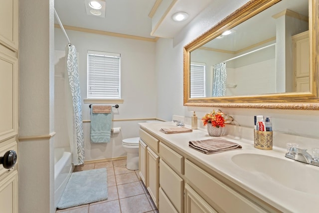 full bathroom with vanity, toilet, crown molding, shower / bathtub combination with curtain, and tile patterned floors