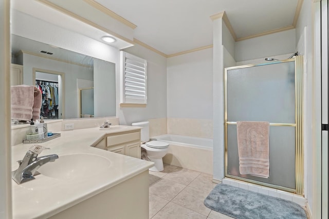 full bathroom featuring tile patterned flooring, vanity, ornamental molding, and independent shower and bath