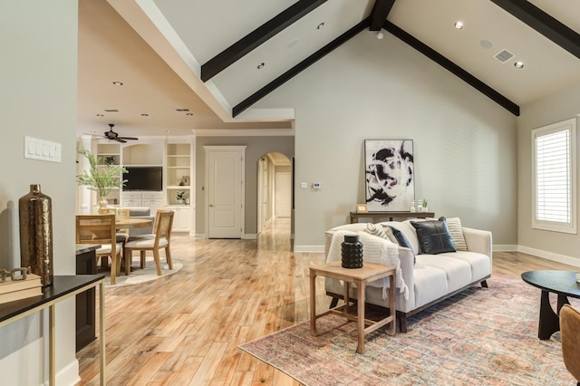 living room featuring beamed ceiling, ceiling fan, high vaulted ceiling, and light hardwood / wood-style floors