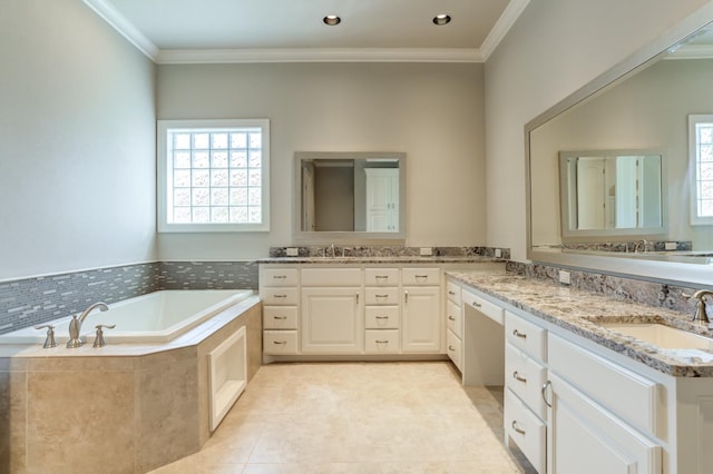 bathroom featuring vanity, a wealth of natural light, and crown molding