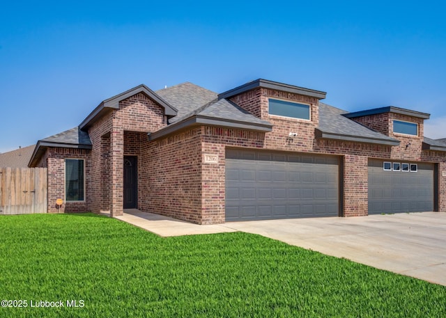 view of front of property with brick siding, an attached garage, concrete driveway, and a shingled roof