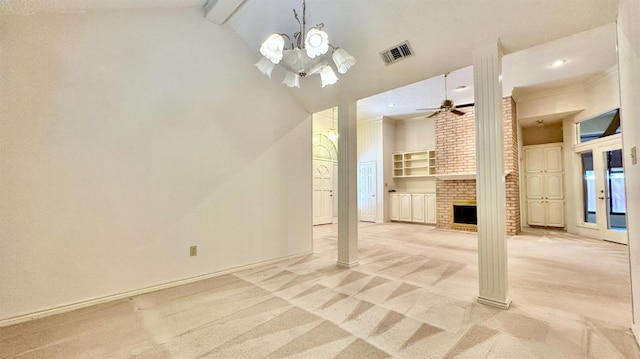 unfurnished living room with a fireplace, lofted ceiling with beams, light colored carpet, ceiling fan, and built in shelves