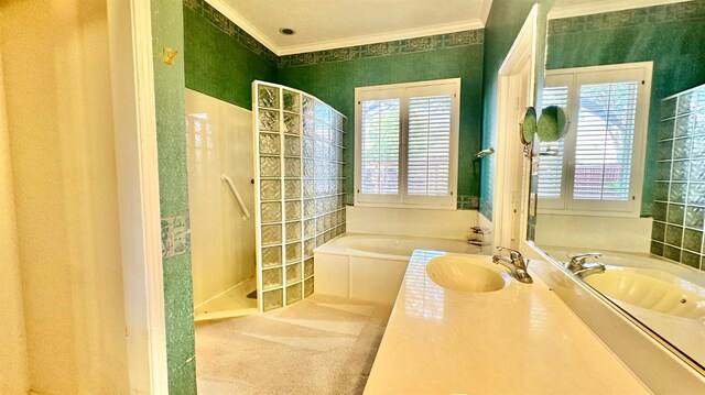 bathroom featuring crown molding, separate shower and tub, a wealth of natural light, and vanity