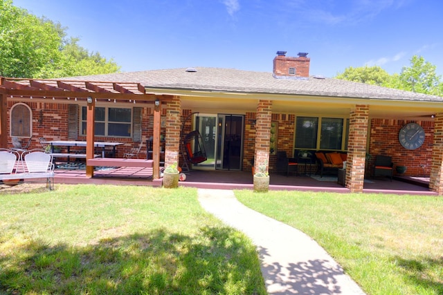 3423 94th St, Lubbock, TX 79423 - rear view of house with a pergola, a chimney, brick siding, a patio area, and a lawn