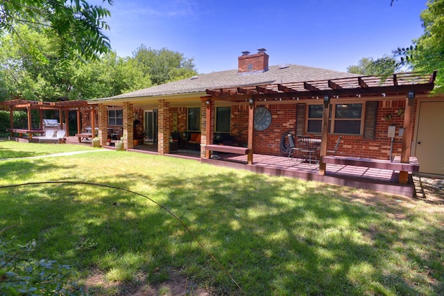 3423 94th St, Lubbock, TX 79423 - rear view of house with a pergola, brick siding, a chimney, a yard, and roof with shingles