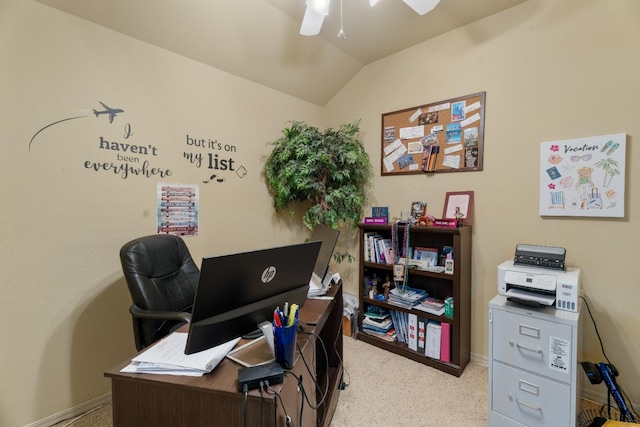 home office with ceiling fan and lofted ceiling