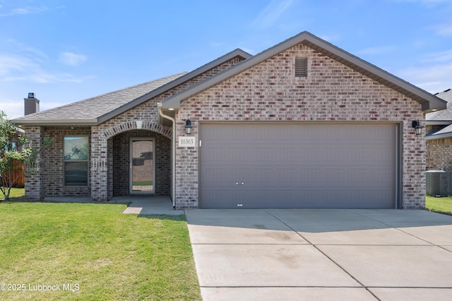 10303 Valencia Ave, Lubbock, TX 79424 - french country home with concrete driveway, brick siding, cooling unit, an attached garage, and a front lawn