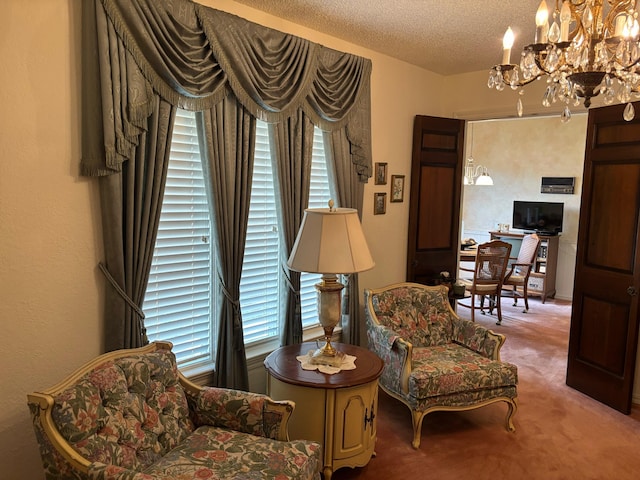 3004 80th St, Lubbock, TX 79423 - living area featuring a chandelier, healthy amount of natural light, carpet floors, and a textured ceiling