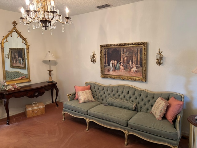 3004 80th St, Lubbock, TX 79423 - living area featuring a chandelier, a textured ceiling, carpet floors, and baseboards