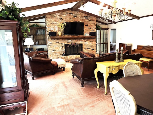 3004 80th St, Lubbock, TX 79423 - carpeted living room with a chandelier and a brick fireplace