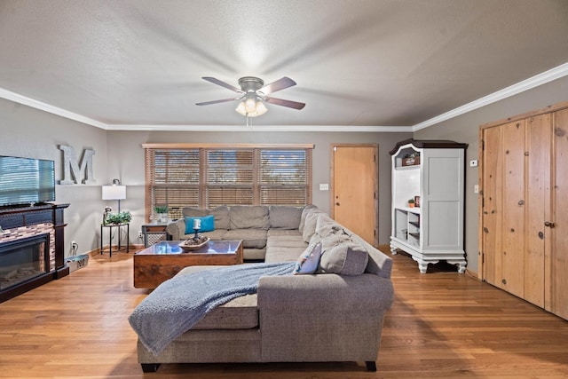 living room with hardwood / wood-style floors, a stone fireplace, and ornamental molding