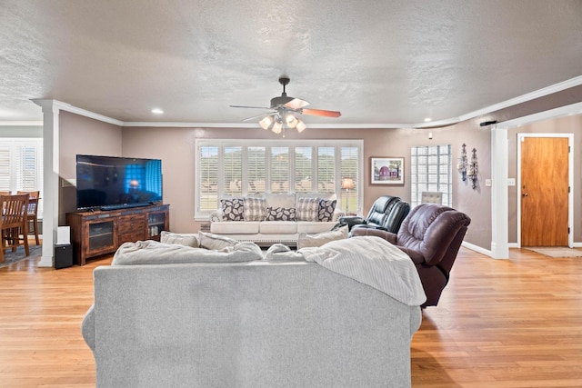 living room with ceiling fan, ornamental molding, a textured ceiling, and light wood-type flooring