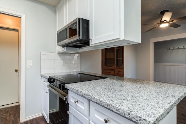 kitchen with white cabinetry, light stone countertops, dark wood-type flooring, and black / electric stove