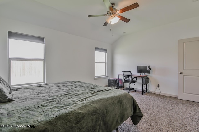 7406 9th St, Lubbock, TX 79416 - bedroom featuring carpet, vaulted ceiling, baseboards, and ceiling fan