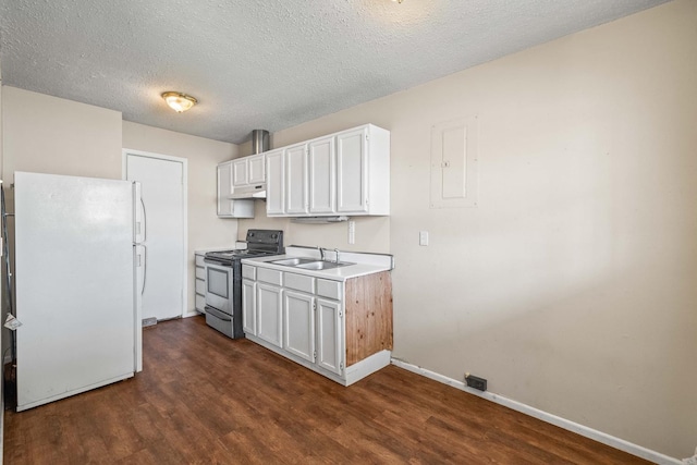 kitchen featuring sink, white cabinetry, dark hardwood / wood-style floors, white refrigerator, and stainless steel range with electric cooktop