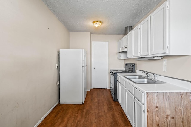 kitchen featuring black electric range oven, sink, white cabinetry, dark hardwood / wood-style floors, and white fridge