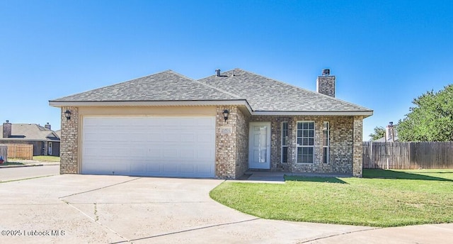 6801 36th St, Lubbock, TX 79407 - view of front of property with driveway, a chimney, a garage, roof with shingles, and brick siding