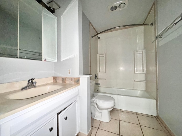 full bathroom featuring shower / tub combination, tile patterned floors, toilet, and vanity