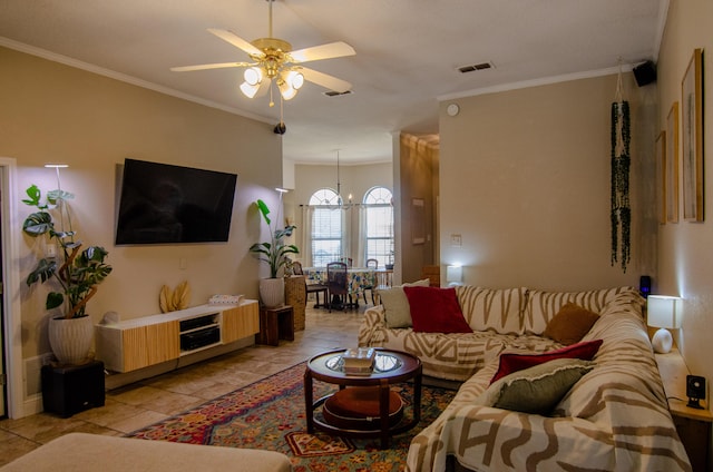 living room featuring crown molding, visible vents, and ceiling fan with notable chandelier