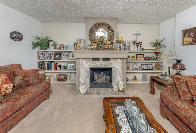 living room with a fireplace, a textured ceiling, and carpet flooring