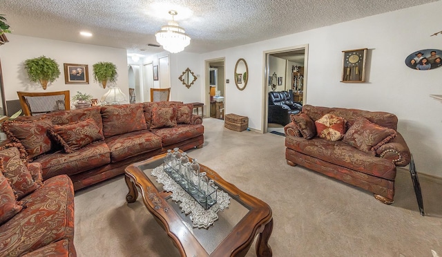 living room with light carpet and a textured ceiling