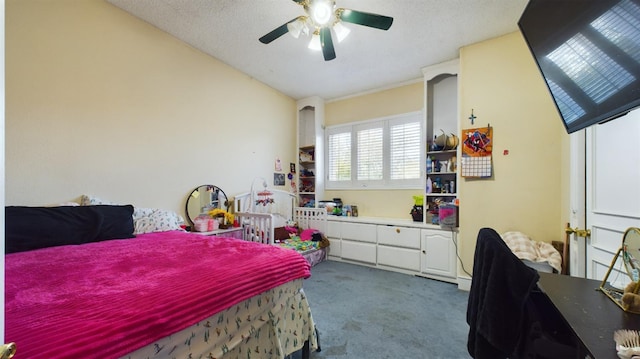 carpeted bedroom featuring lofted ceiling, ceiling fan, and a textured ceiling