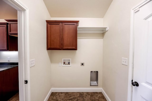 washroom featuring hookup for a washing machine, electric dryer hookup, and cabinets