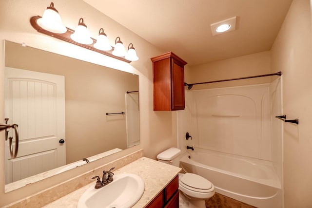 full bathroom featuring shower / washtub combination, toilet, and vanity