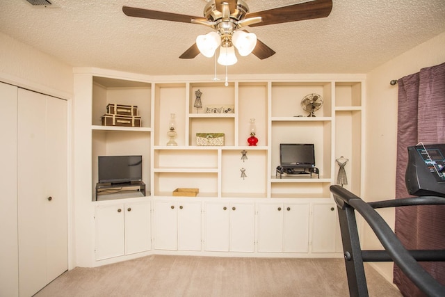 unfurnished office with ceiling fan, light colored carpet, and a textured ceiling