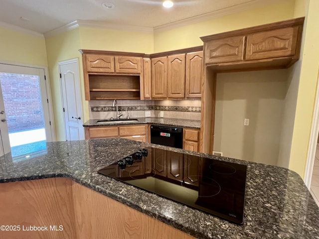 9802 Toledo Ave, Lubbock, TX 79424 - kitchen featuring black appliances, open shelves, dark stone counters, decorative backsplash, and ornamental molding