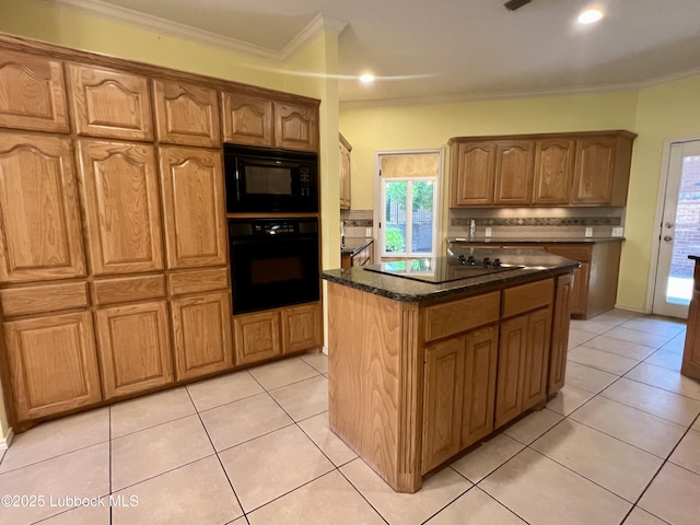 9802 Toledo Ave, Lubbock, TX 79424 - kitchen featuring black appliances, decorative backsplash, a center island, crown molding, and light tile patterned flooring