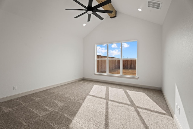 empty room featuring beamed ceiling, carpet, high vaulted ceiling, and ceiling fan