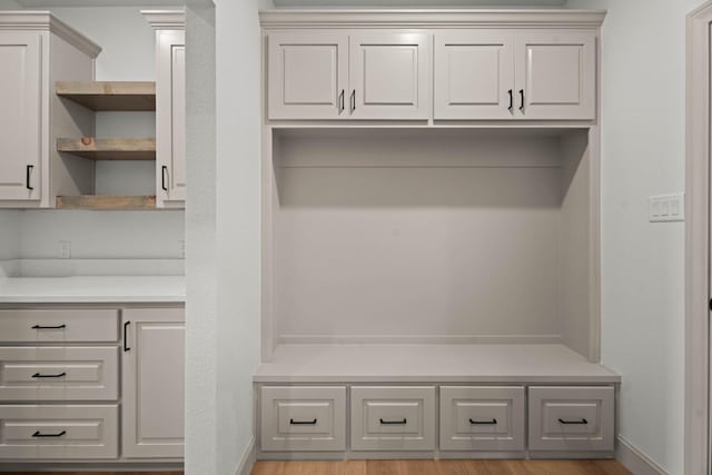 mudroom with light hardwood / wood-style flooring