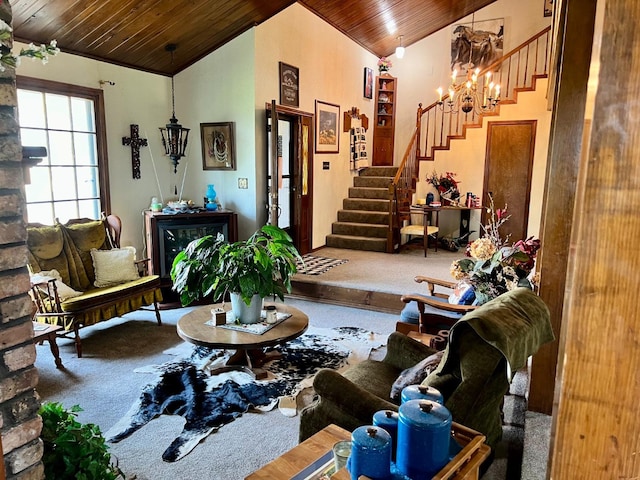 interior space with carpet floors, wood ceiling, and vaulted ceiling